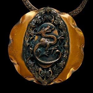 Vintage Signed Roslyn Hoffman Copper Dragon Pendant Brooch Necklace